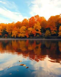 Serene Lake Reflecting Autumn Trees – free AI stock image