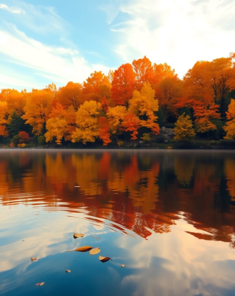 Serene Lake Reflecting Autumn Trees – free AI stock image