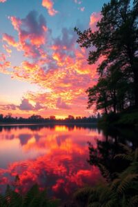 A Serene Lake Reflecting a Colorful Sunset – free AI stock image