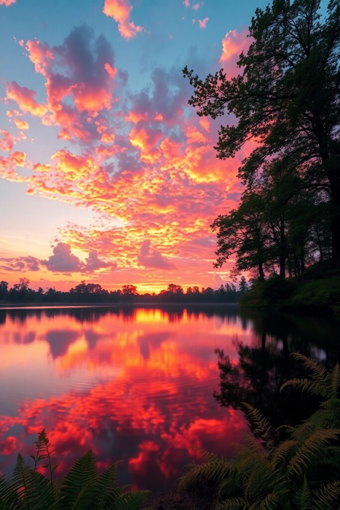 A Serene Lake Reflecting a Colorful Sunset – free AI stock image