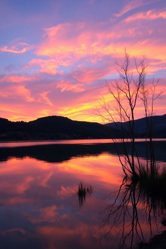A Serene Lake Reflecting a Golden Sunset – free AI stock image