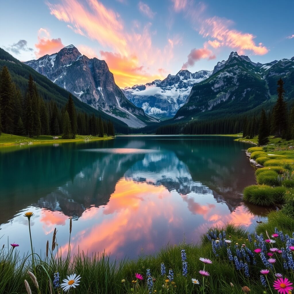 Serene Lake Reflecting Majestic Mountains – free AI stock image