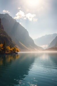 Serene Lake Reflecting Majestic Mountains – free AI stock image