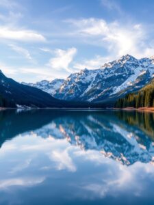 Serene Lake Reflecting Majestic Mountains – free AI stock image
