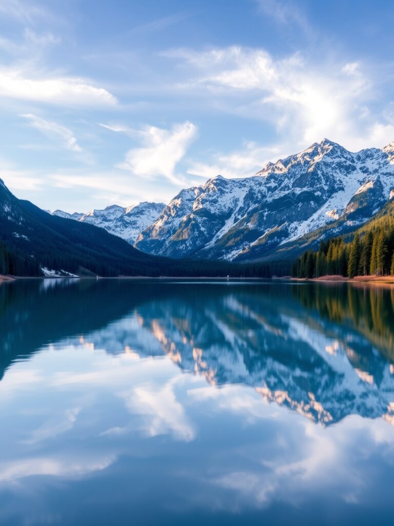 Serene Lake Reflecting Majestic Mountains – free AI stock image
