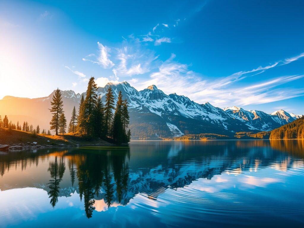 Serene Lake Reflecting Majestic Mountains – free AI stock image