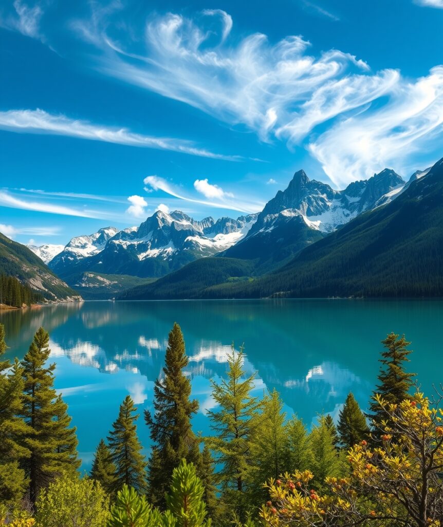 Serene Lake Reflecting Majestic Mountains – free AI stock image