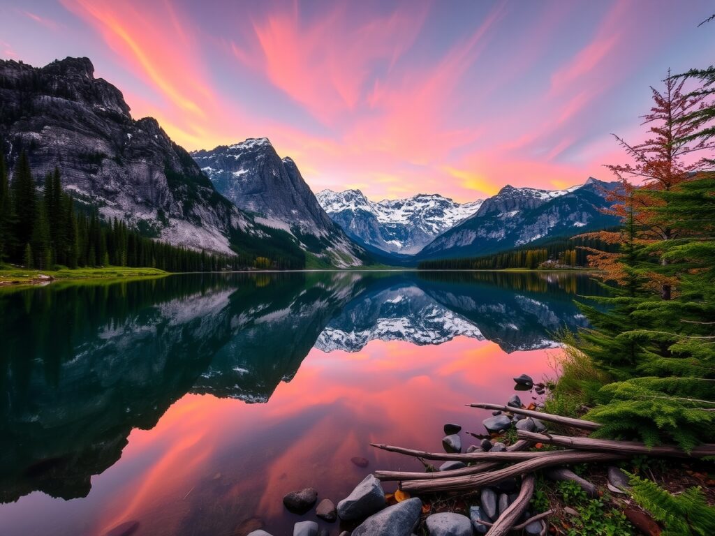 Serene Lake Reflecting Majestic Mountains – free AI stock image