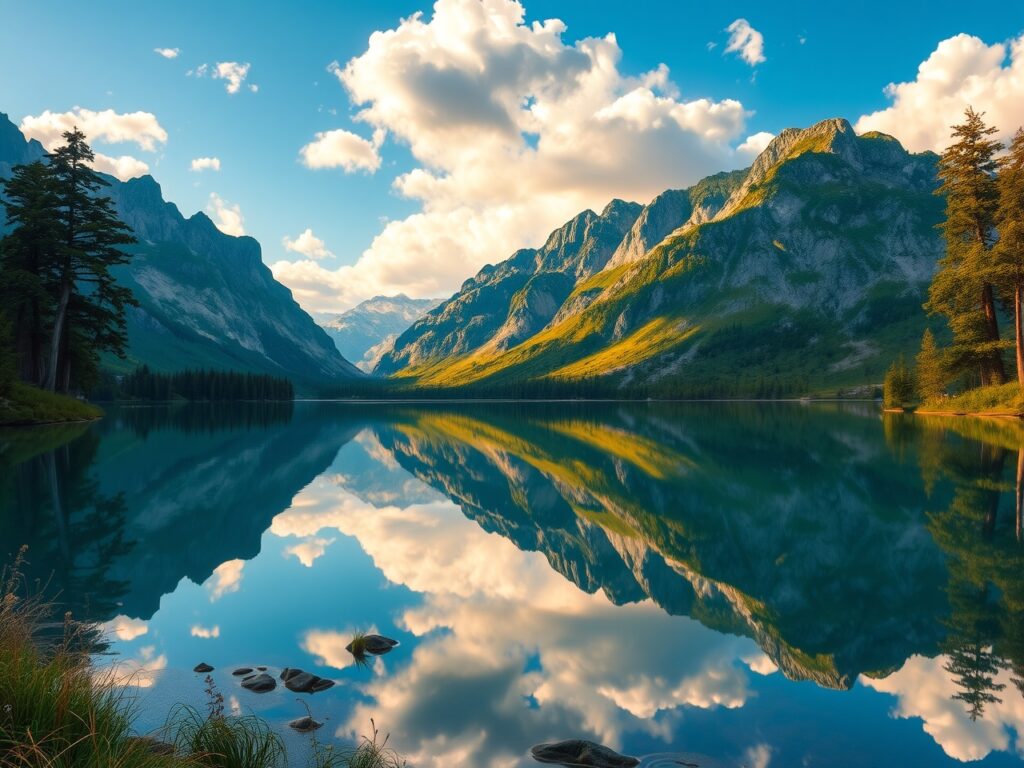 Serene Lake Reflecting Majestic Mountains – free AI stock image