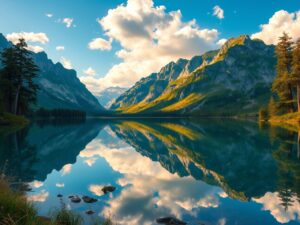 Serene Lake Reflecting Majestic Mountains – free AI stock image