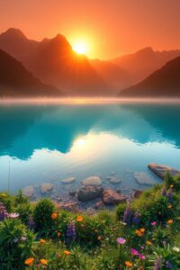 Serene Lake Reflecting Misty Mountains – free AI stock image