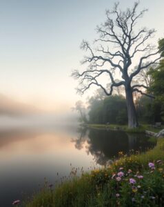 Serene Lake Reflecting Morning Fog – free AI stock image