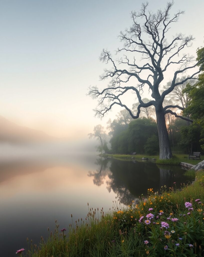 Serene Lake Reflecting Morning Fog – free AI stock image