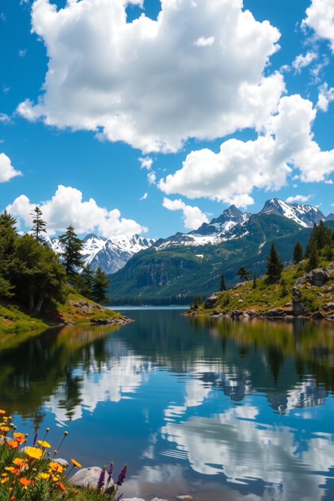 Serene Lake Reflecting Mountain Peaks – free AI stock image
