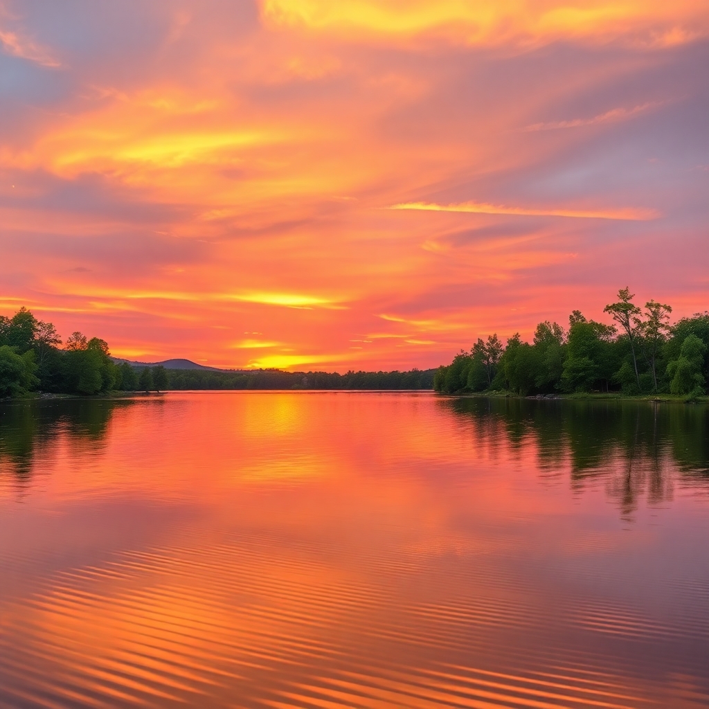 Serene Lake Reflecting the Sunset Sky – free AI stock image