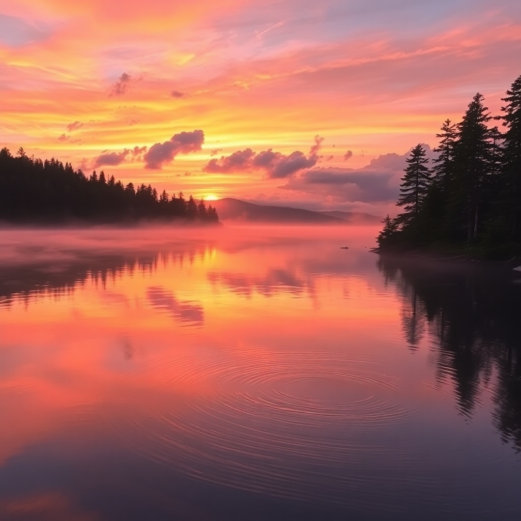 Serene Lake Reflecting a Vibrant Sunset – free AI stock image