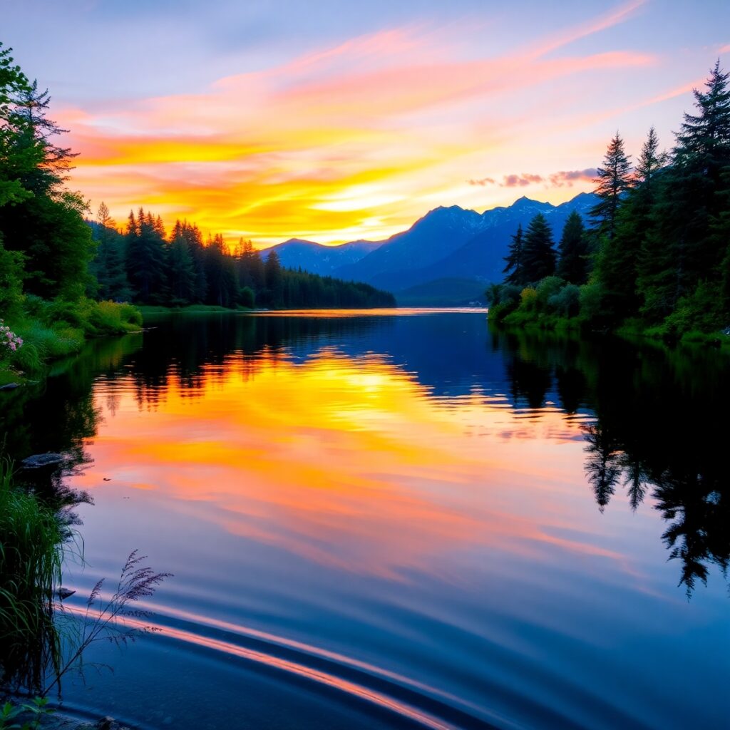 Serene Lake Reflecting a Vibrant Sunset – free AI stock image