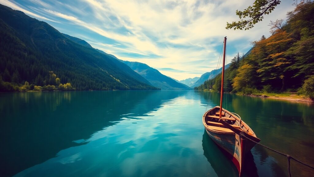 Serene Lake Reflection from Above – free AI stock image