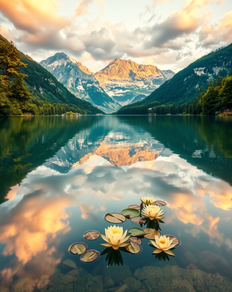 Serene Lake Reflections at Dawn – free AI stock image