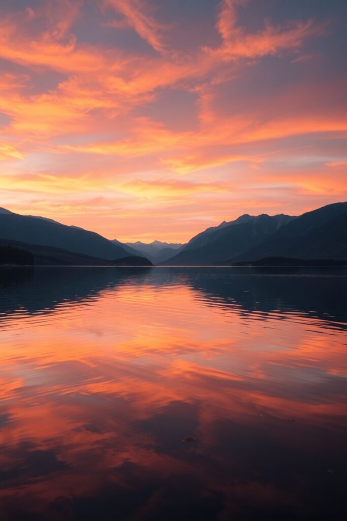 Serene Lake Reflections at Sunset – free AI stock image
