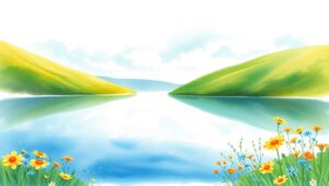 Serene Lake Reflections in Watercolor – free AI stock image