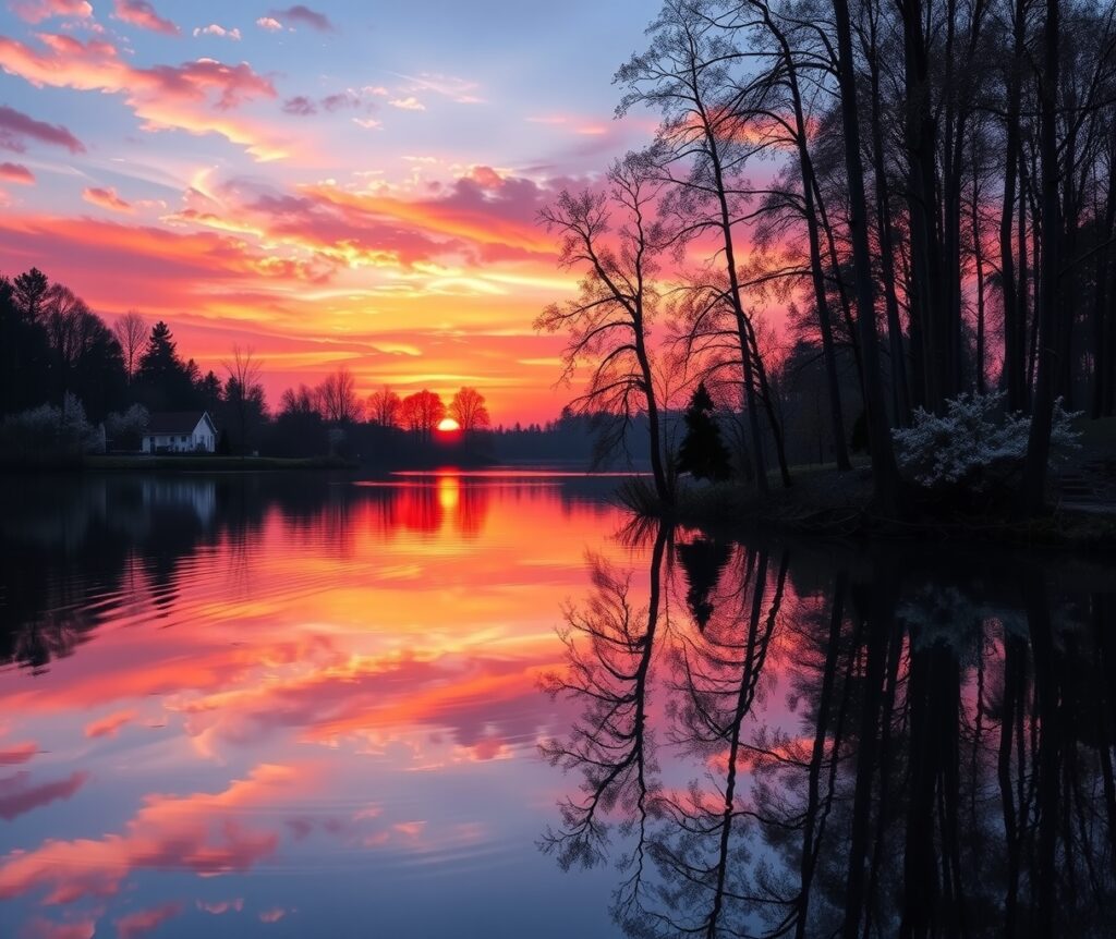 Serene Lake Reflections Under a Sunset – free AI stock image