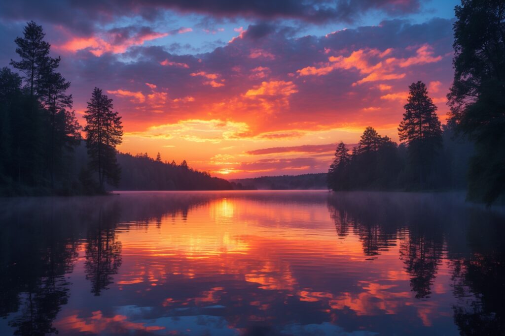 A Serene Lake at Sunset with Reflections – free AI stock image
