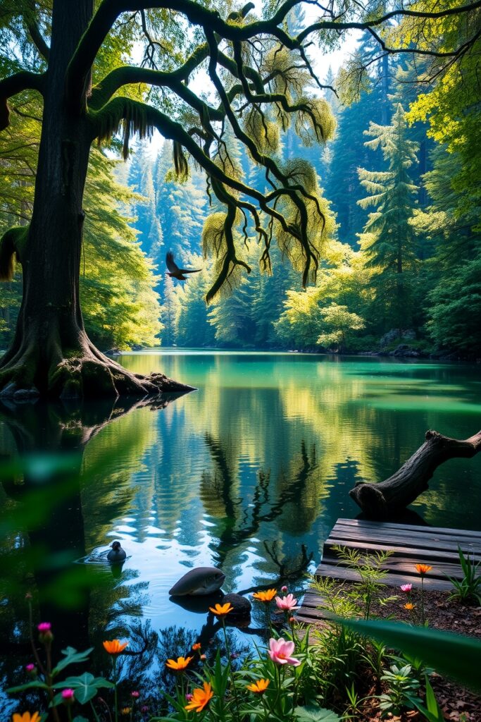 Serene Lake Surrounded by Lush Forest – free AI stock image