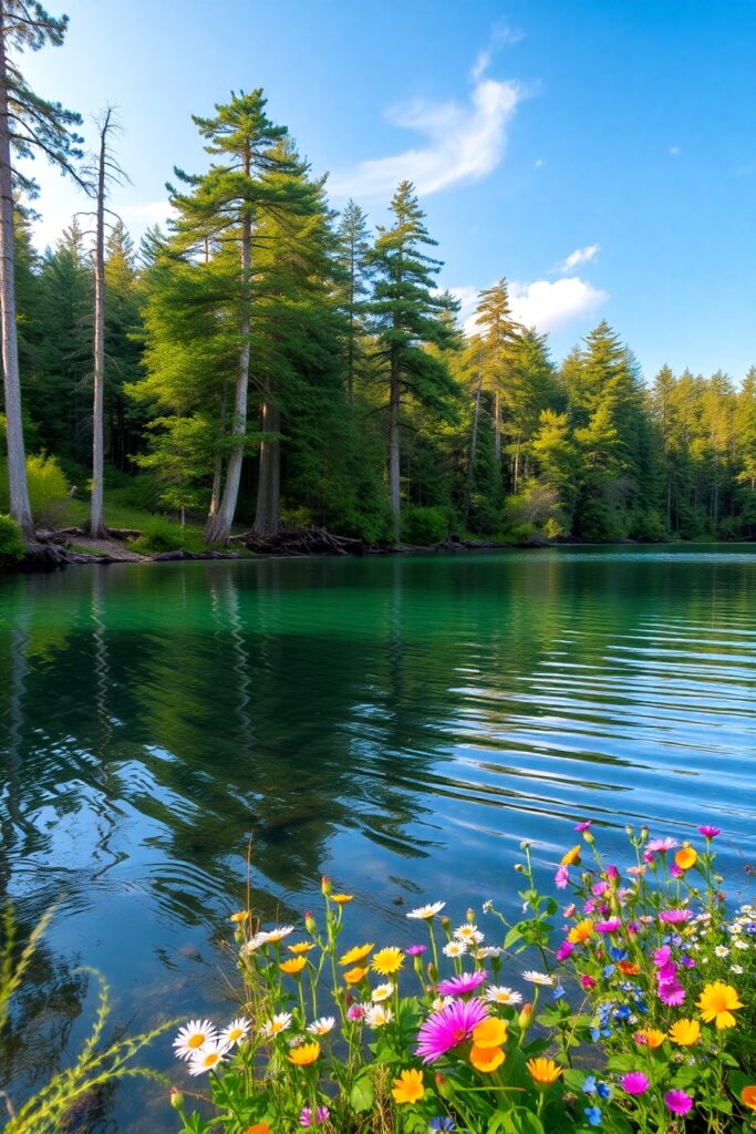 Serene Lake Surrounded by Lush Forest – free AI stock image