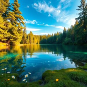 Serene Lake Surrounded by Lush Forest – free AI stock image