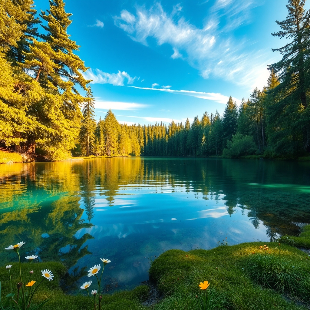 Serene Lake Surrounded by Lush Forest – free AI stock image