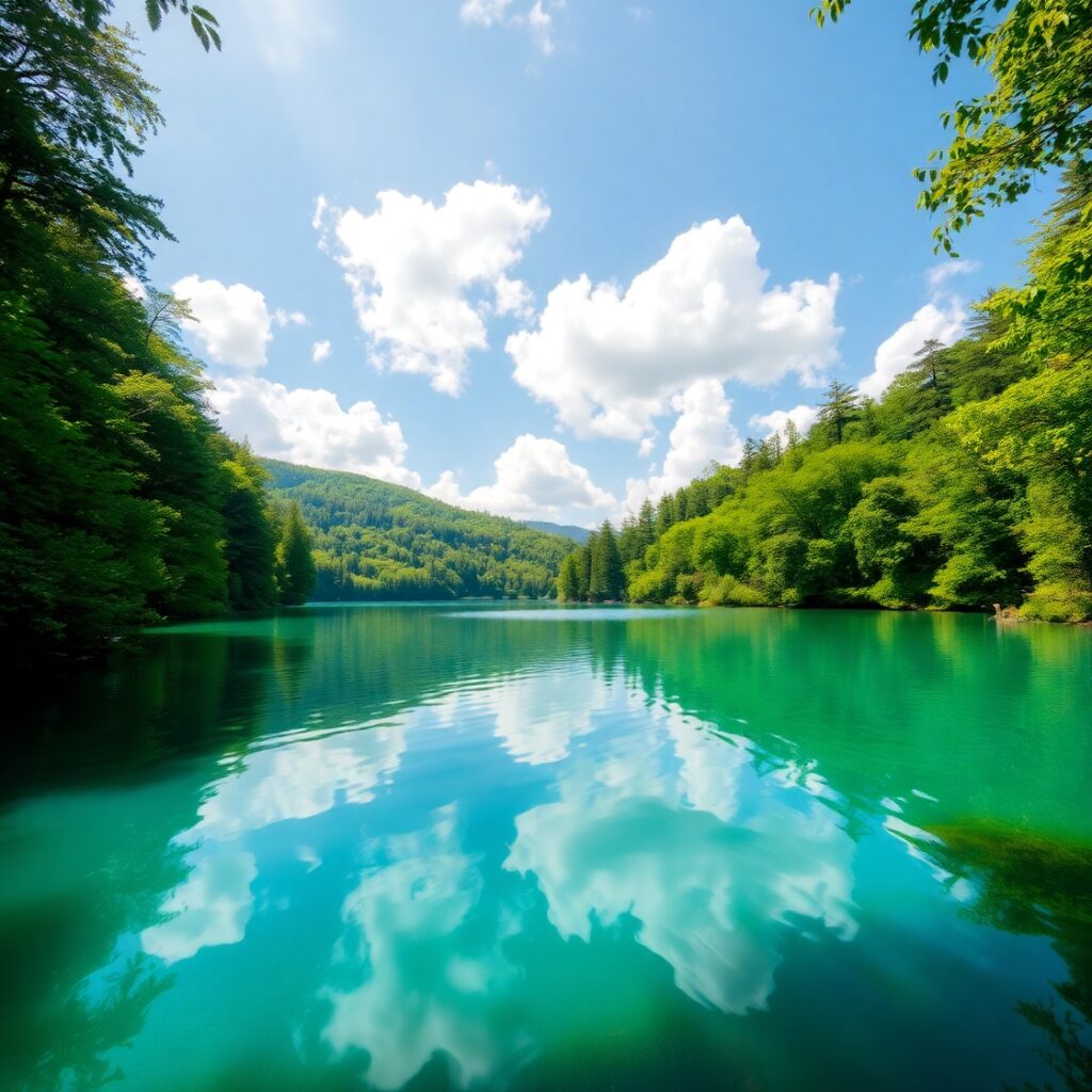 Serene Lake Surrounded by Lush Forests – free AI stock image