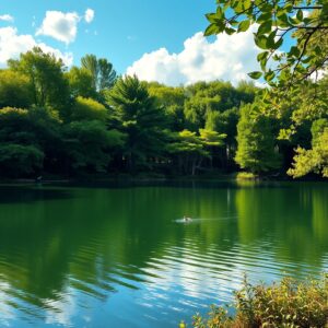 Serene Lake Surrounded by Lush Greenery – free AI stock image
