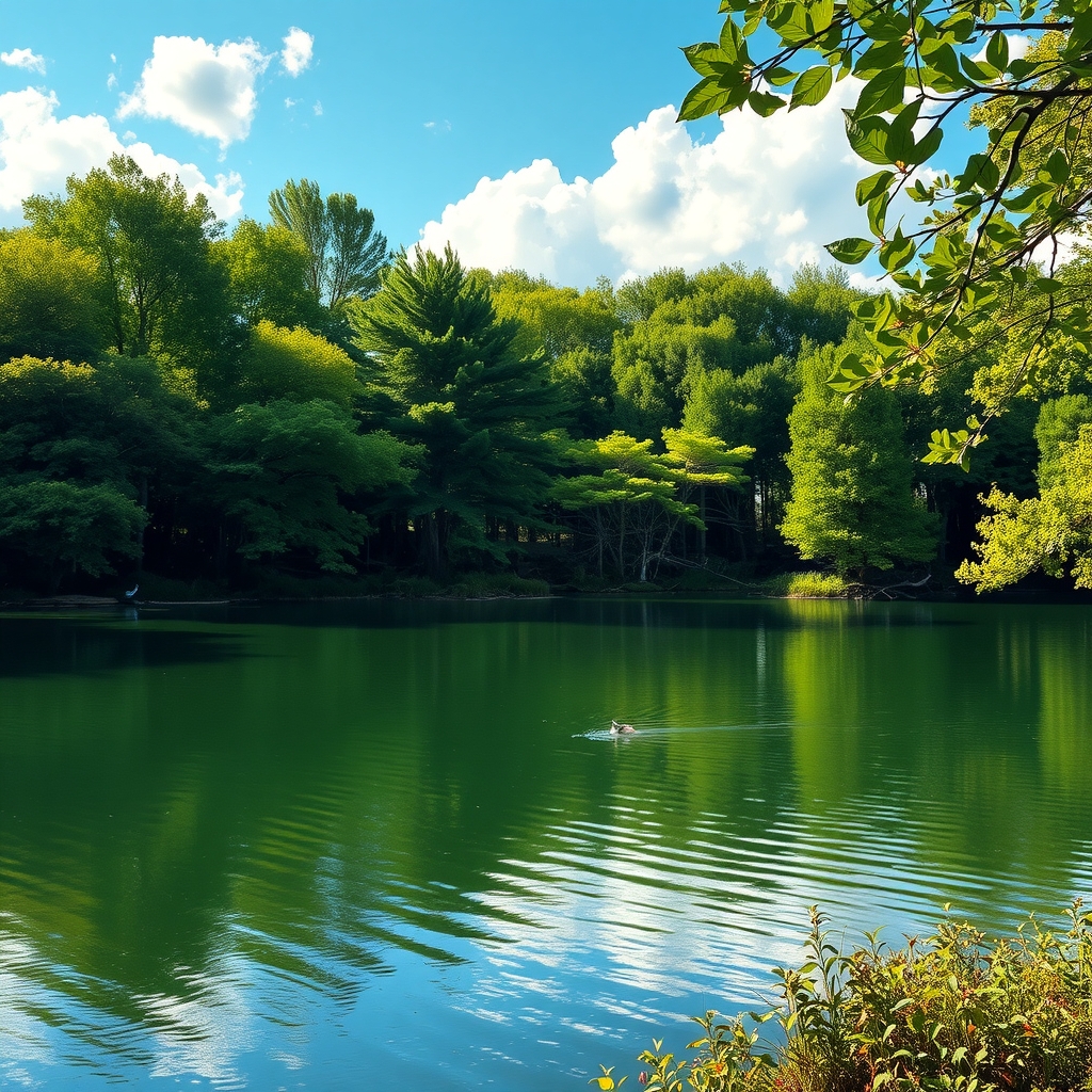 Serene Lake Surrounded by Lush Greenery – free AI stock image