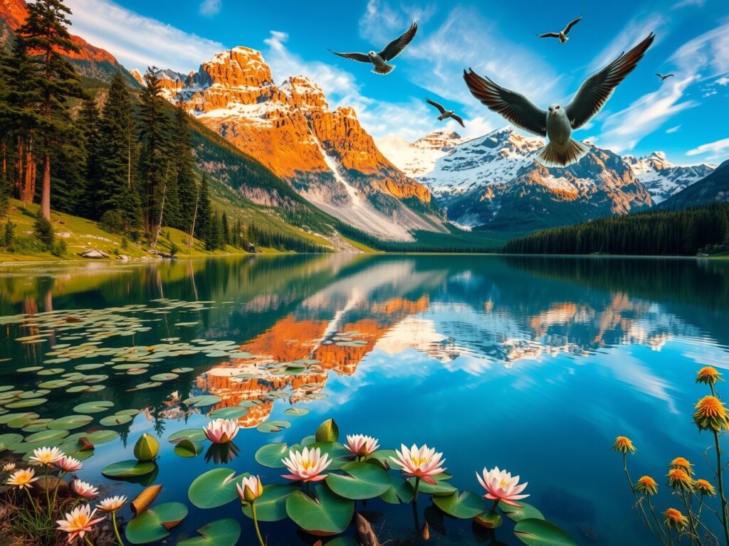 Serene Lake Surrounded by Majestic Mountains – free AI stock image