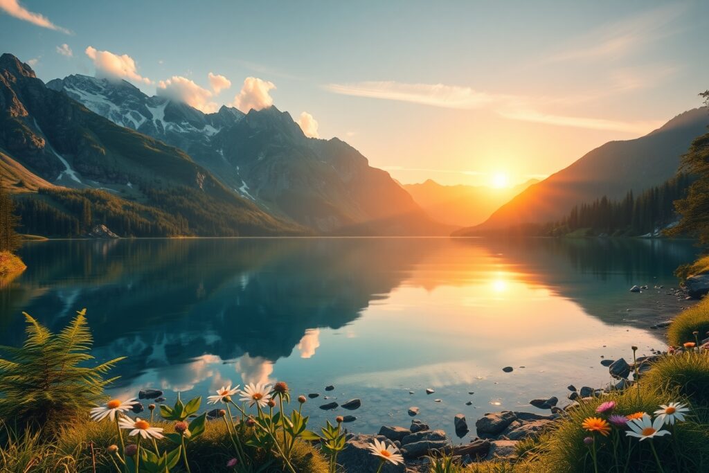 Serene Lake Surrounded by Majestic Mountains – free AI stock image