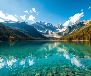 Serene Lake Surrounded by Majestic Mountains – free AI stock image