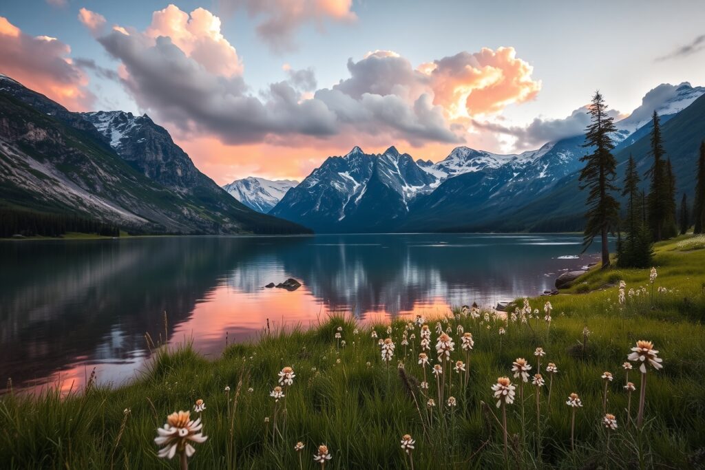 Serene Lake Surrounded by Majestic Mountains – free AI stock image
