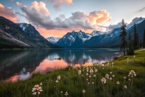 Serene Lake Surrounded by Majestic Mountains – free AI stock image