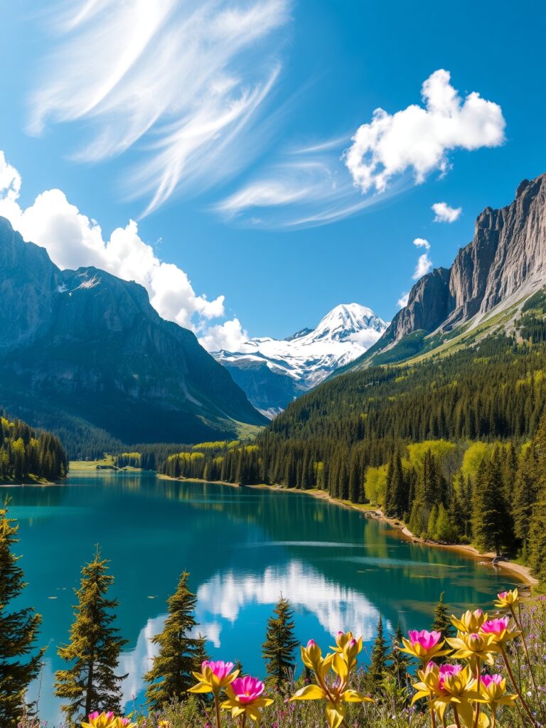 Serene Lake Surrounded by Majestic Mountains – free AI stock image