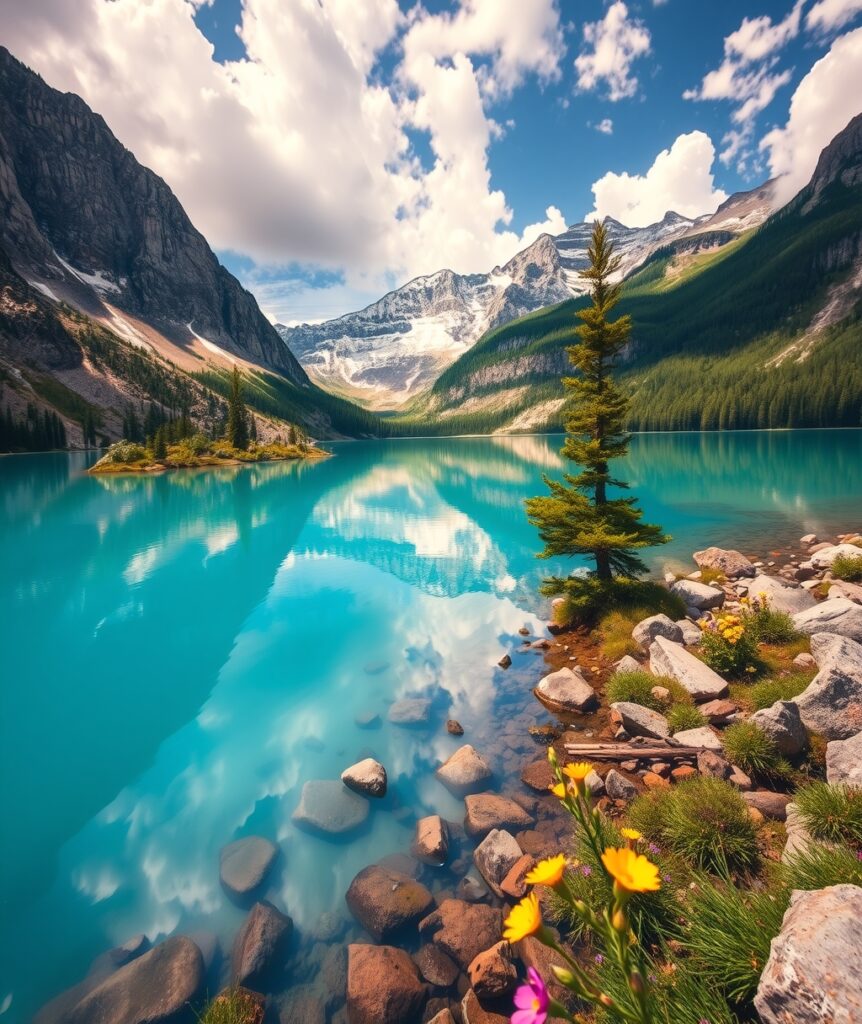 Serene Lake Surrounded by Majestic Mountains – free AI stock image
