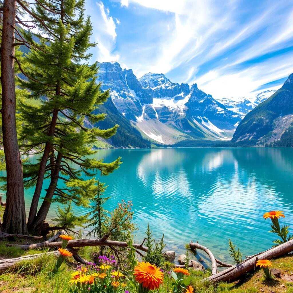 Serene Lake Surrounded by Majestic Mountains – free AI stock image