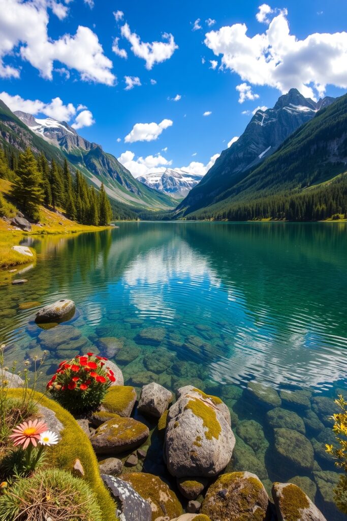 Serene Lake Surrounded by Majestic Mountains – free AI stock image