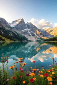 Serene Lake Surrounded by Majestic Mountains – free AI stock image