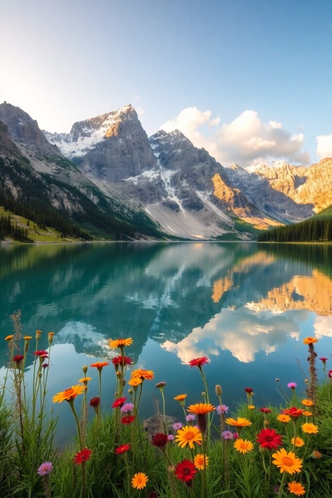 Serene Lake Surrounded by Majestic Mountains – free AI stock image