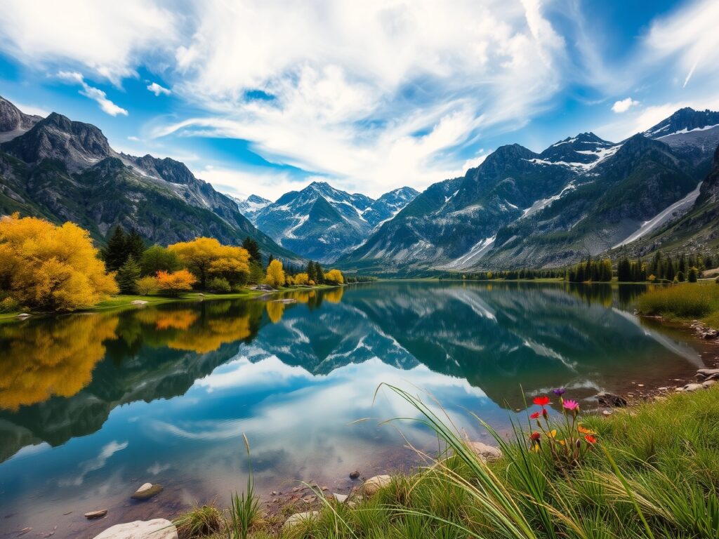 Serene Lake Surrounded by Majestic Mountains – free AI stock image