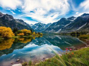 Serene Lake Surrounded by Majestic Mountains – free AI stock image