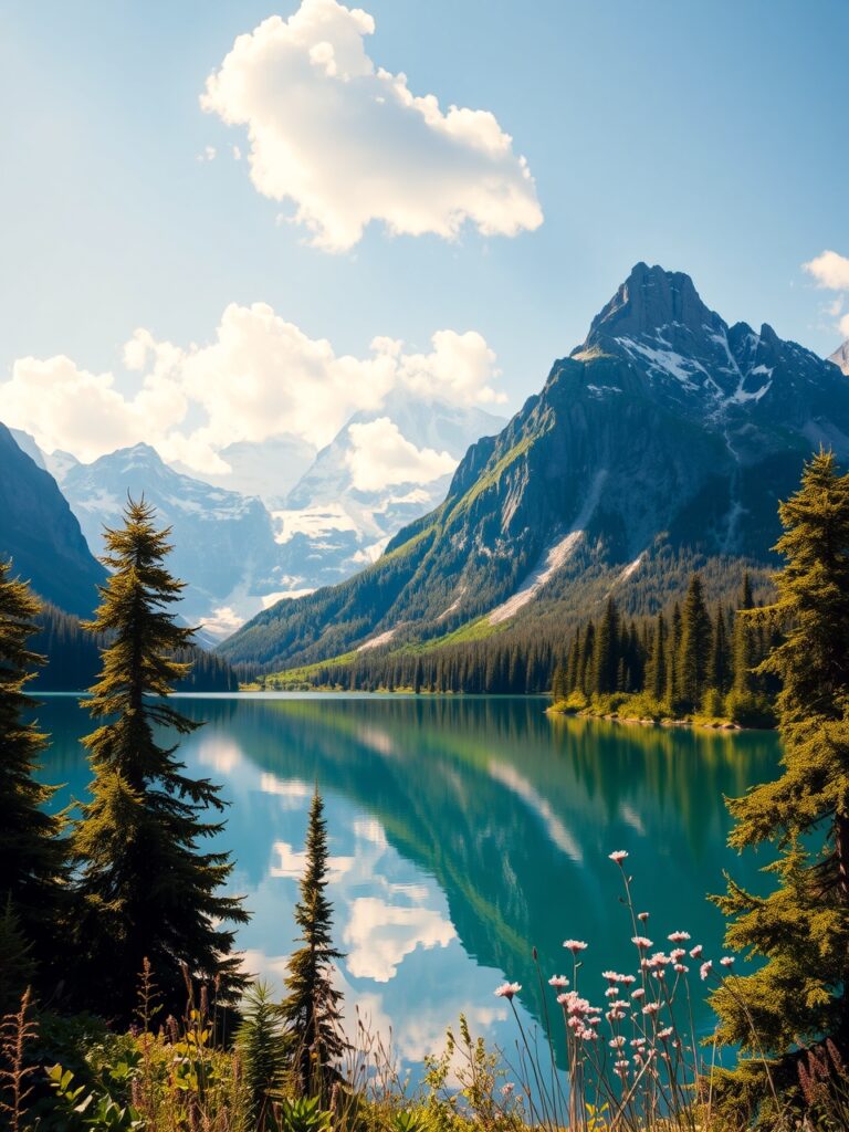 Serene Lake Surrounded by Majestic Mountains – free AI stock image