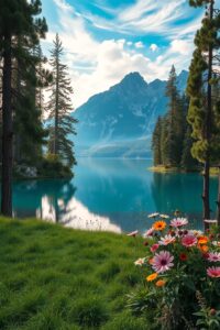 A Serene Lake Surrounded by Majestic Pines – free AI stock image