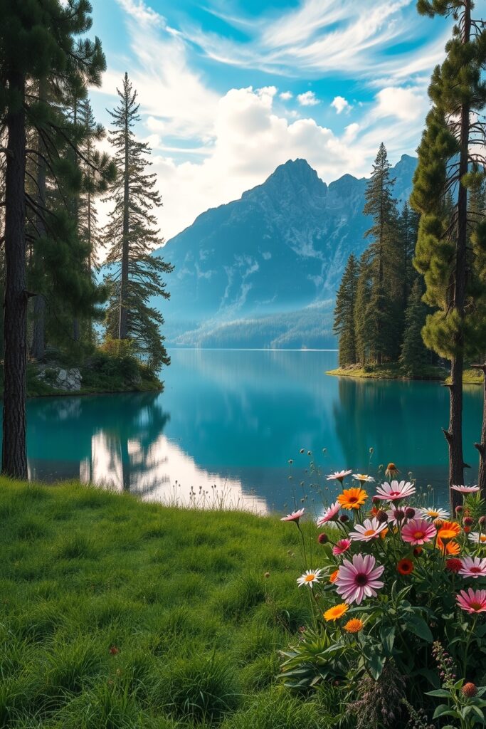A Serene Lake Surrounded by Majestic Pines – free AI stock image